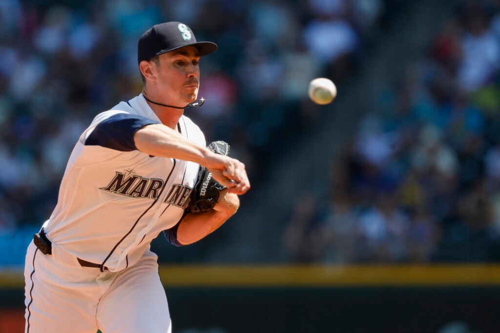 Jul 22, 2026; Seattle, Washington, USA; Seattle Mariners starting pitcher Emerson Hancock (26) throws against the Cincinnati Reds during the first inning at T-Mobile Park. Mandatory Credit: Joe Nicholson-Imagn Images