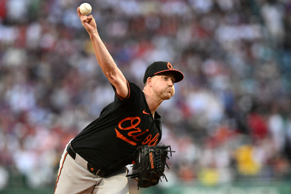 Jul 22, 2026; Boston, Massachusetts, USA; Baltimore Orioles pitcher Kyle Bradish (38) pitches against the Boston Red Sox during the first inning at Fenway Park. Mandatory Credit: Brian Fluharty-Imagn Images