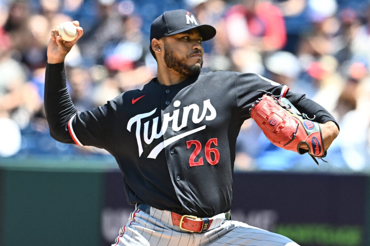 Jul 23, 2026; Cleveland, Ohio, USA; Minnesota Twins starting pitcher Taj Bradley (26) throws a pitch during the first inning against the Cleveland Guardians at Progressive Field. Mandatory Credit: Ken Blaze-Imagn Images