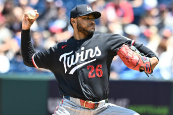 Jul 23, 2026; Cleveland, Ohio, USA; Minnesota Twins starting pitcher Taj Bradley (26) throws a pitch during the first inning against the Cleveland Guardians at Progressive Field. Mandatory Credit: Ken Blaze-Imagn Images