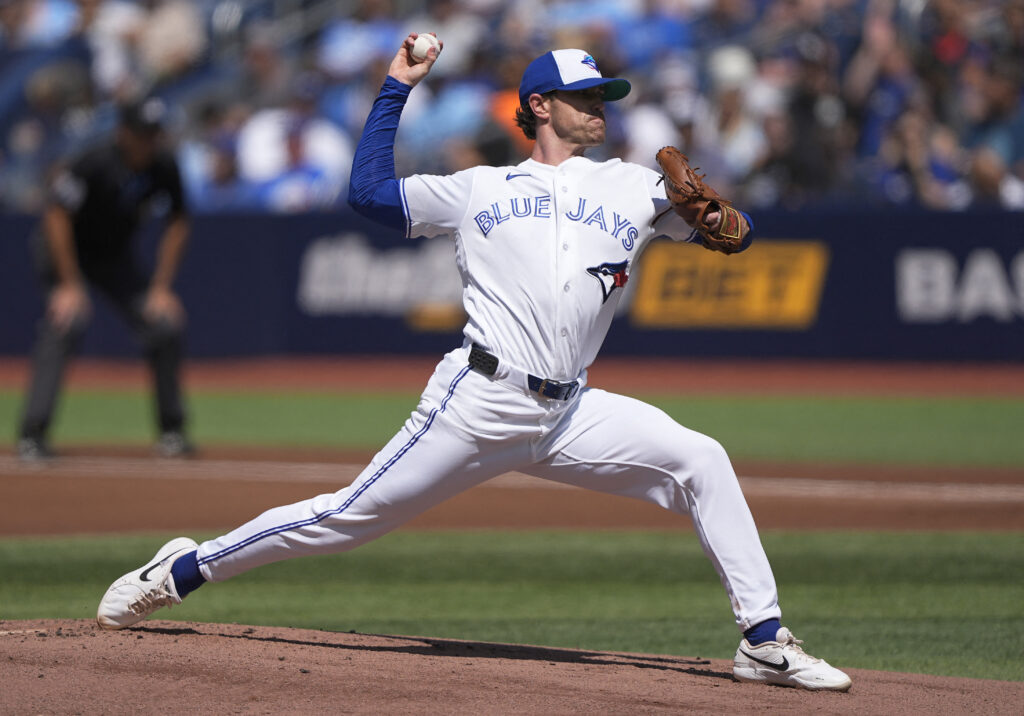 Jul 23, 2026; Toronto, Ontario, CAN; Toronto Blue Jays starting pitcher Shane Bieber (57) pitches to the Tampa Bay Rays during the first inning at Rogers Centre. Mandatory Credit: John E. Sokolowski-Imagn Images