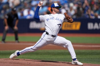 Jul 23, 2026; Toronto, Ontario, CAN; Toronto Blue Jays starting pitcher Shane Bieber (57) pitches to the Tampa Bay Rays during the first inning at Rogers Centre. Mandatory Credit: John E. Sokolowski-Imagn Images