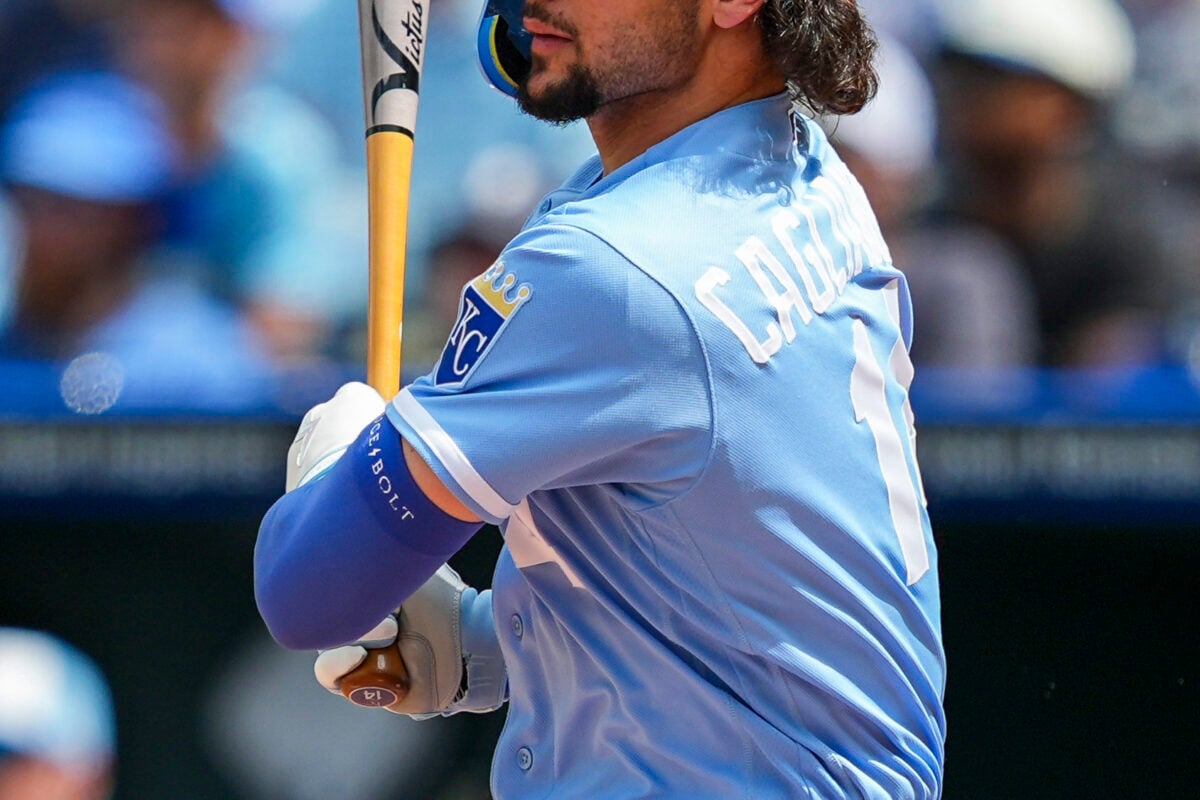 Jul 18, 2026; Kansas City, Missouri, USA; Kansas City Royals right fielder Jac Caglianone (14) bats during the first inning against the San Diego Padres at Kauffman Stadium. Mandatory Credit: Jay Biggerstaff-Imagn Images