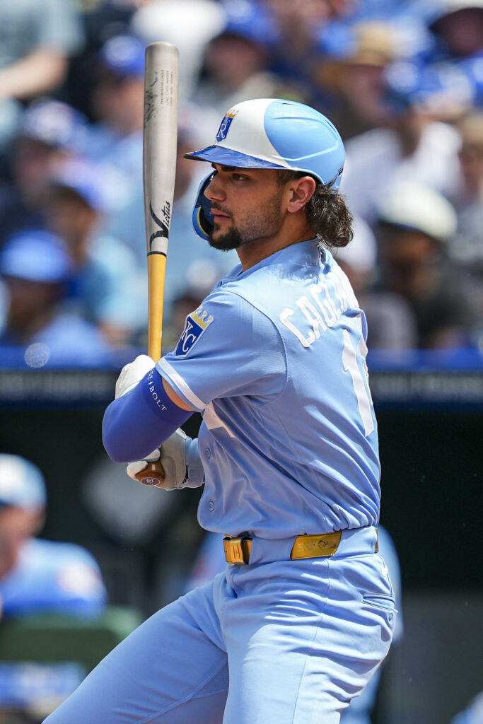 Jul 18, 2026; Kansas City, Missouri, USA; Kansas City Royals right fielder Jac Caglianone (14) bats during the first inning against the San Diego Padres at Kauffman Stadium. Mandatory Credit: Jay Biggerstaff-Imagn Images