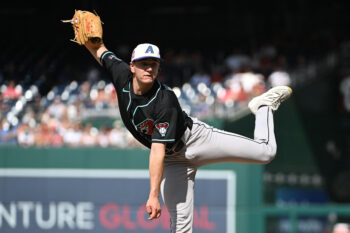 Jul 25, 2026; Washington, District of Columbia, USA; Arizona Diamondbacks pitcher Mitch Bratt (60) throws to the Washington Nationals during the first inning at Nationals Park. Mandatory Credit: Brad Mills-Imagn Images