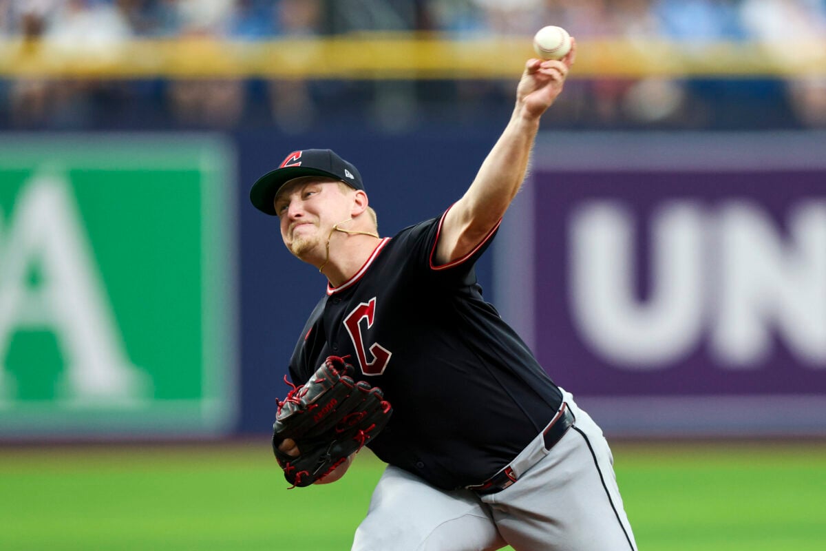 Jul 26, 2026; St. Petersburg, Florida, USA; Cleveland Guardians starting pitcher Parker Messick (77) throws a pitch against the Tampa Bay Rays in the first inning at Tropicana Field. Mandatory Credit: Nathan Ray Seebeck-Imagn Images