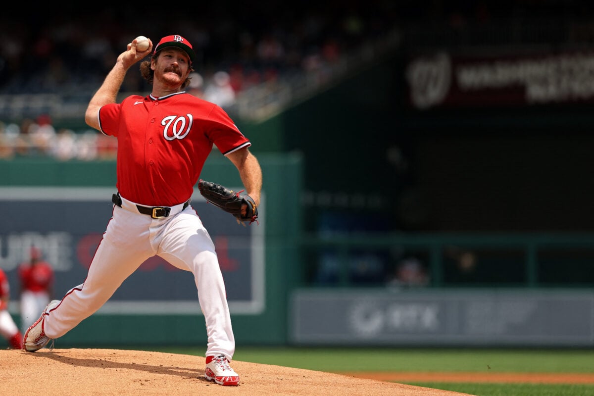 Jul 26, 2026; Washington, District of Columbia, USA; Washington Nationals starting pitcher Miles Mikolas (36) pitches against the Arizona Diamondbacks during the first inning at Nationals Park. Mandatory Credit: Geoff Burke-Imagn Images