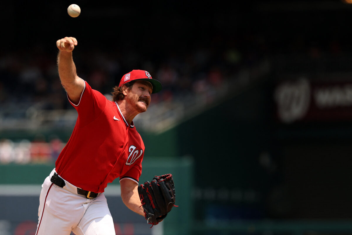 Jul 26, 2026; Washington, District of Columbia, USA; Washington Nationals starting pitcher Miles Mikolas (36) pitches against the Arizona Diamondbacks during the first inning at Nationals Park. Mandatory Credit: Geoff Burke-Imagn Images