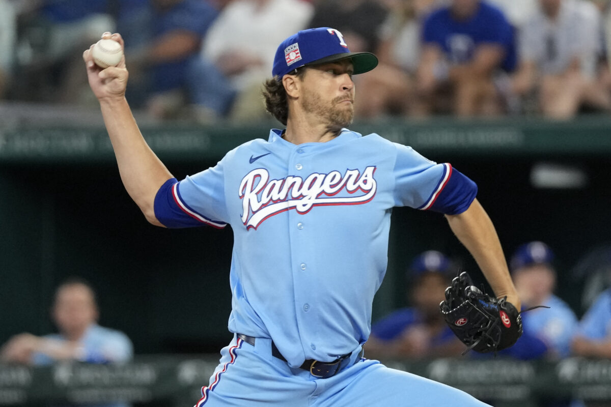 Jul 26, 2026; Arlington, Texas, USA; Texas Rangers pitcher Jacob deGrom (48) throws to the plate against the Seattle Mariners during the first inning at Globe Life Field. Mandatory Credit: Jim Cowsert-Imagn Images