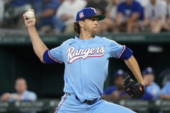 Jul 26, 2026; Arlington, Texas, USA;  Texas Rangers pitcher Jacob deGrom (48) throws to the plate against the Seattle Mariners during the first inning at Globe Life Field. Mandatory Credit: Jim Cowsert-Imagn Images