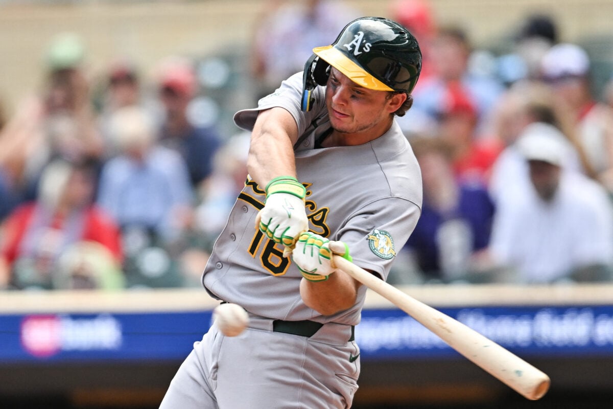 Jul 26, 2026; Minneapolis, Minnesota, USA; Athletics first baseman Nick Kurtz (16) swings at a pitch during the fourth inning against the Minnesota Twins at Target Field. Mandatory Credit: Jeffrey Becker-Imagn Images
