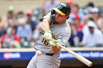 Jul 26, 2026; Minneapolis, Minnesota, USA; Athletics first baseman Nick Kurtz (16) swings at a pitch during the fourth inning against the Minnesota Twins at Target Field. Mandatory Credit: Jeffrey Becker-Imagn Images