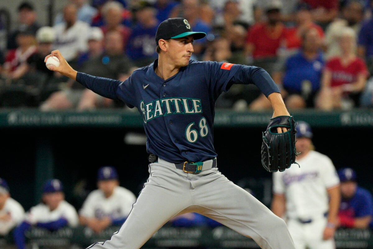 Jul 27, 2026; Arlington, Texas, USA; Seattle Mariners pitcher George Kirby (68) throws to the plate against the Texas Rangers during the first inning at Globe Life Field. Mandatory Credit: Raymond Carlin III-Imagn Images