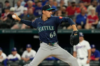 Jul 27, 2026; Arlington, Texas, USA;  Seattle Mariners pitcher George Kirby (68) throws to the plate against the Texas Rangers during the first inning at Globe Life Field. Mandatory Credit: Raymond Carlin III-Imagn Images