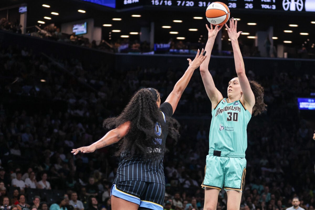 Jul 22, 2026; Brooklyn, New York, USA;  New York Liberty forward Breanna Stewart (30) and Chicago Sky center Kamilla Cardoso (10) at Barclays Center. Mandatory Credit: Wendell Cruz-Imagn Images