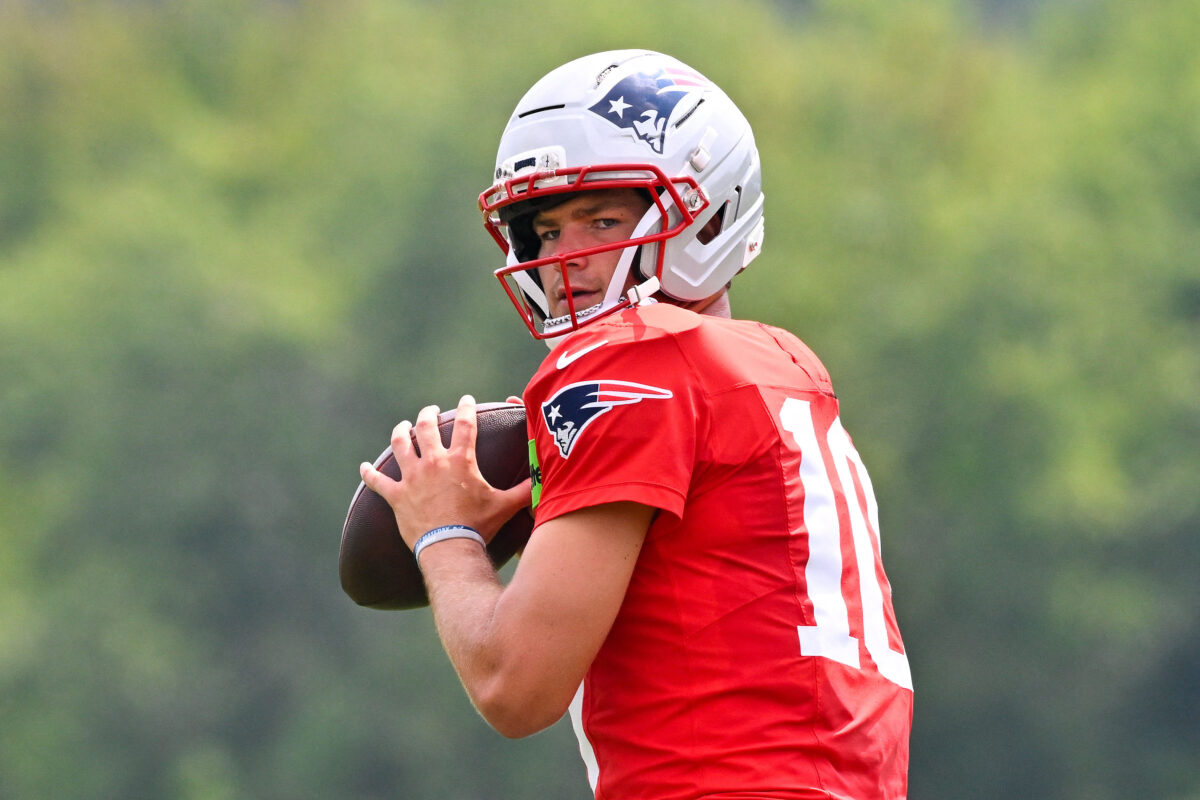 Jul 28, 2026; Foxborough, MA, USA; New England Patriots quarterback Drake Maye (10) throws a pass during training camp at Gillette Stadium. Mandatory Credit: Eric Canha-Imagn Images
