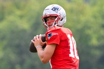 Jul 28, 2026; Foxborough, MA, USA; New England Patriots quarterback Drake Maye (10) throws a pass during training camp at Gillette Stadium. Mandatory Credit: Eric Canha-Imagn Images