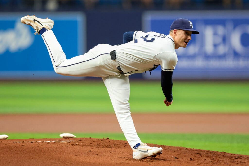 Jul 28, 2026; St. Petersburg, Florida, USA; Tampa Bay Rays starting pitcher Griffin Jax (22) throws a pitch against the Texas Rangers in the first inning at Tropicana Field. Mandatory Credit: Nathan Ray Seebeck-Imagn Images