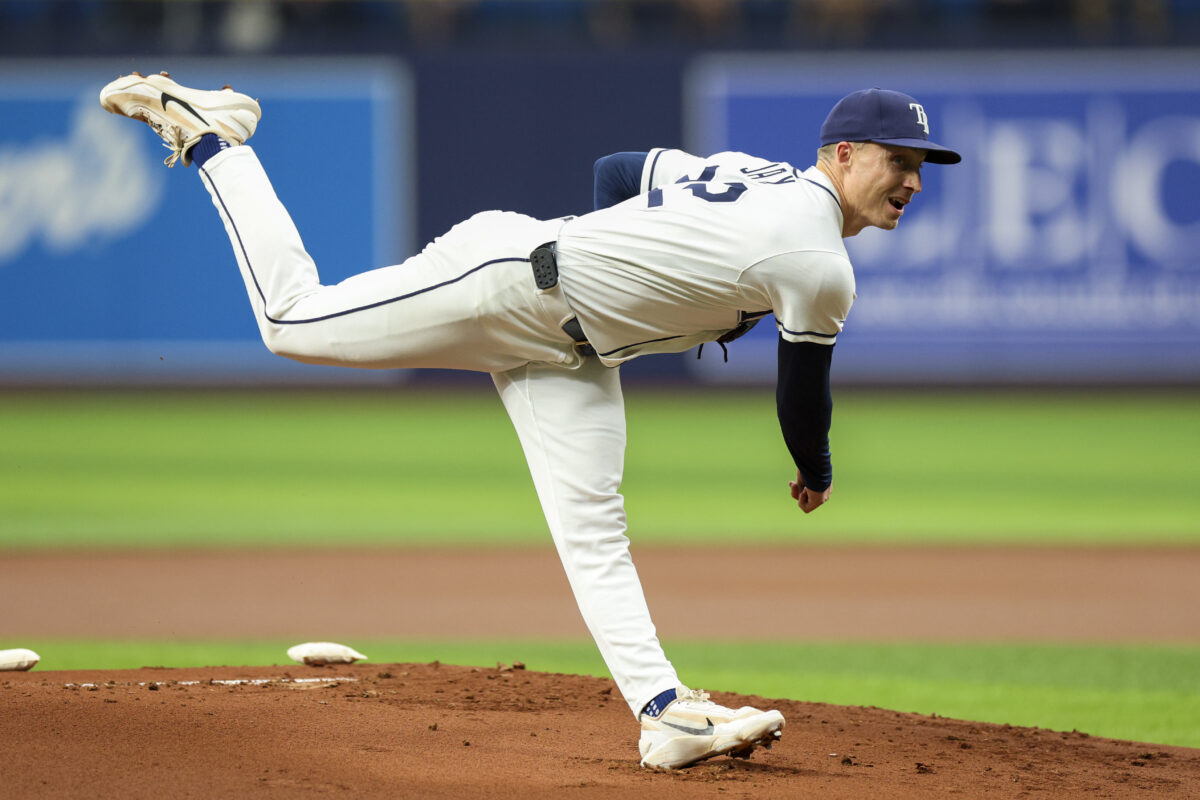 Jul 28, 2026; St. Petersburg, Florida, USA; Tampa Bay Rays starting pitcher Griffin Jax (22) throws a pitch against the Texas Rangers in the first inning at Tropicana Field. Mandatory Credit: Nathan Ray Seebeck-Imagn Images