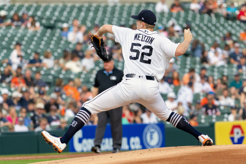 Jul 28, 2026; Detroit, Michigan, USA; Detroit Tigers pitcher Troy Melton (52) delivers against the Baltimore Orioles in the first inning at Comerica Park. Mandatory Credit: David Reginek-Imagn Images