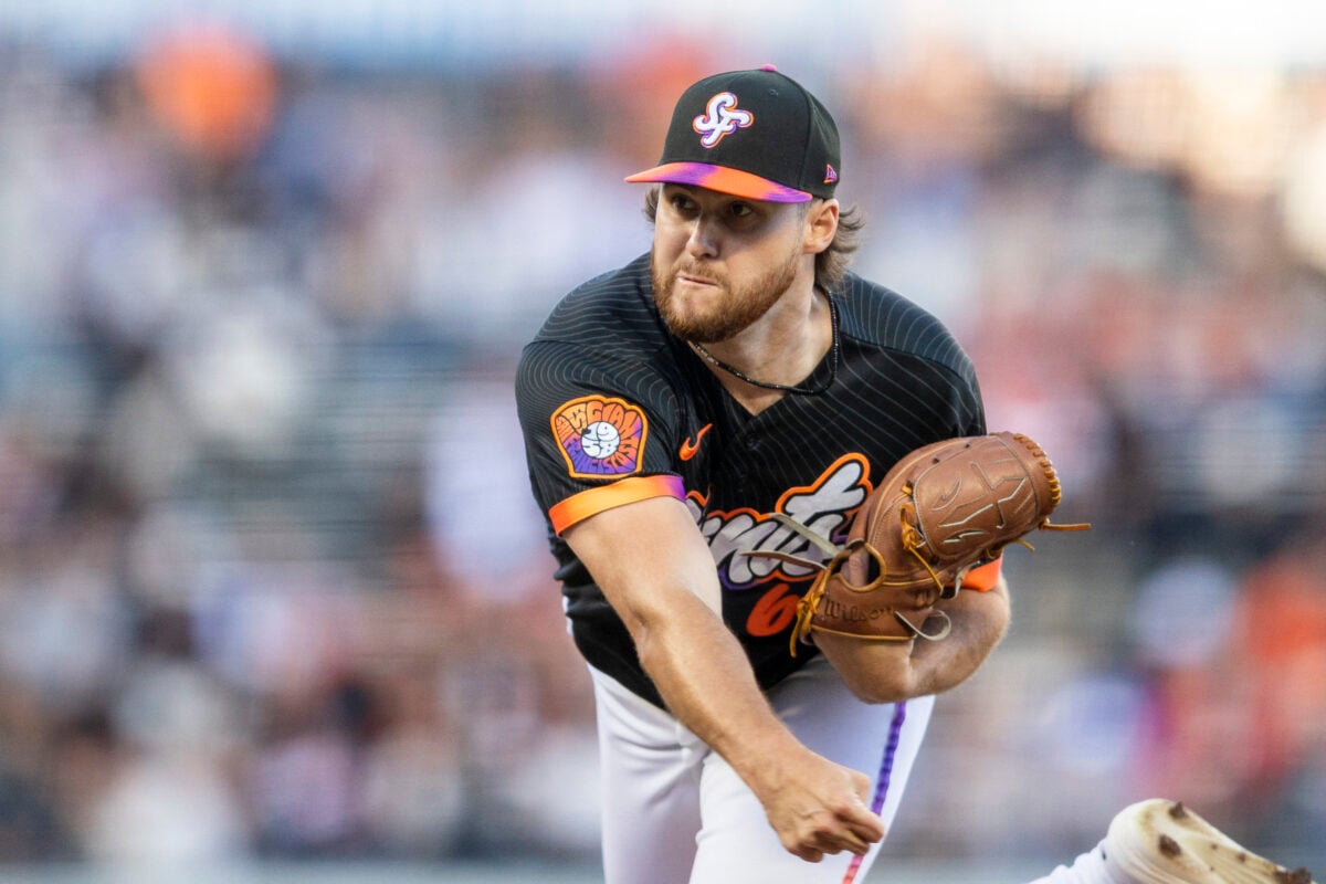 Jul 28, 2026; San Francisco, California, USA;  San Francisco Giants starting pitcher Landen Roupp (65) throws against the Milwaukee Brewers during the first inning at Oracle Park. Mandatory Credit: John Hefti-Imagn Images
