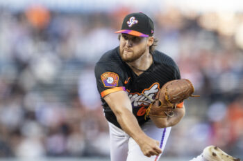 Jul 28, 2026; San Francisco, California, USA;  San Francisco Giants starting pitcher Landen Roupp (65) throws against the Milwaukee Brewers during the first inning at Oracle Park. Mandatory Credit: John Hefti-Imagn Images