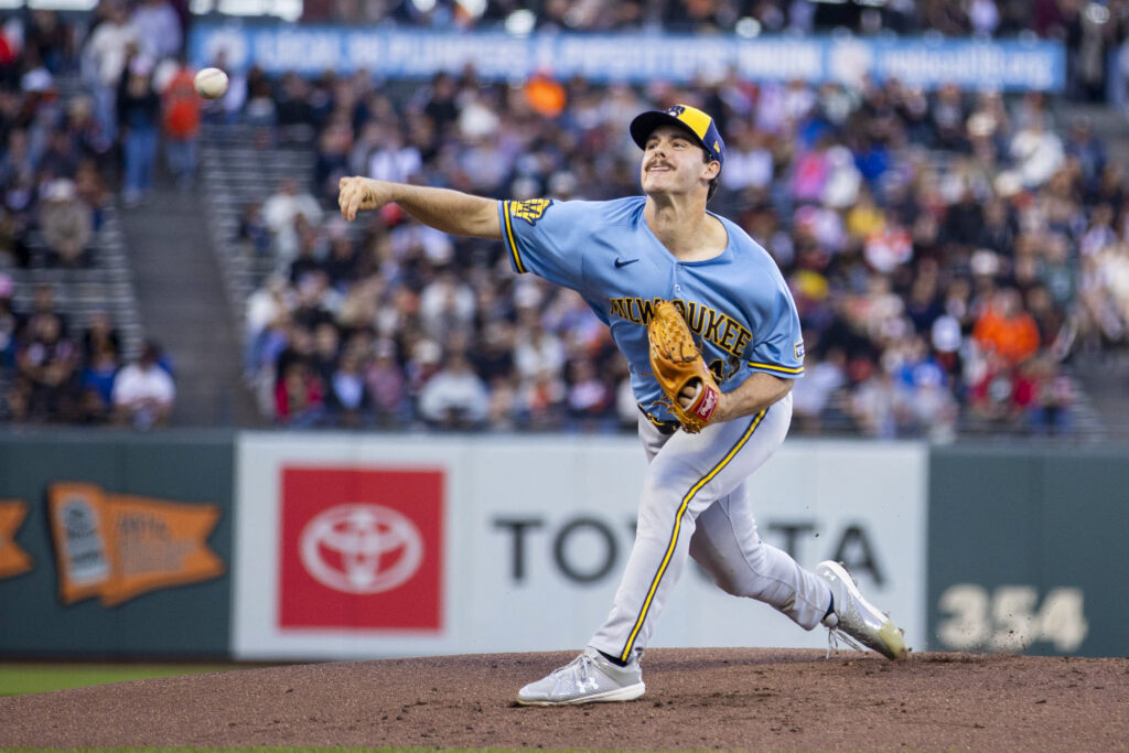 Jul 28, 2026; San Francisco, California, USA; Milwaukee Brewers starting pitcher Logan Henderson (43) throws against the San Francisco Giants during the first inning at Oracle Park. Mandatory Credit: John Hefti-Imagn Images