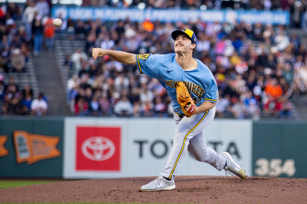 Jul 28, 2026; San Francisco, California, USA; Milwaukee Brewers starting pitcher Logan Henderson (43) throws against the San Francisco Giants during the first inning at Oracle Park. Mandatory Credit: John Hefti-Imagn Images