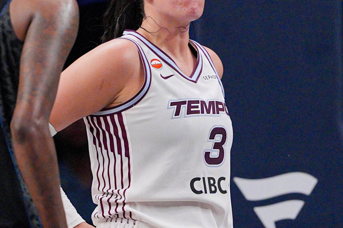 Jul 28, 2026; Minneapolis, Minnesota, USA; Toronto Tempo guard Marina Mabrey (3) disagrees with a call against the Minnesota Lynx in the fourth quarter at Target Center. Mandatory Credit: Brad Rempel-Imagn Images