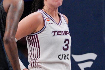 Jul 28, 2026; Minneapolis, Minnesota, USA; Toronto Tempo guard Marina Mabrey (3) disagrees with a call against the Minnesota Lynx in the fourth quarter at Target Center. Mandatory Credit: Brad Rempel-Imagn Images