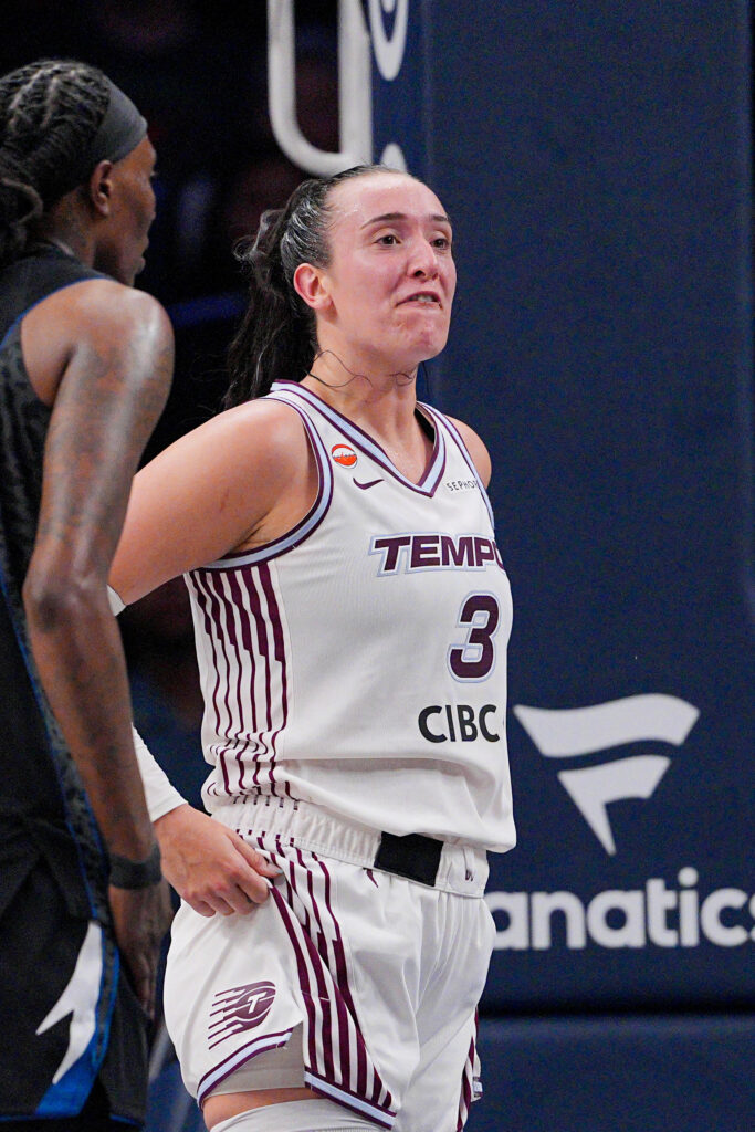 Jul 28, 2026; Minneapolis, Minnesota, USA; Toronto Tempo guard Marina Mabrey (3) disagrees with a call against the Minnesota Lynx in the fourth quarter at Target Center. Mandatory Credit: Brad Rempel-Imagn Images