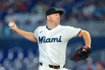 Jul 29, 2026; Miami, Florida, USA; Miami Marlins starting pitcher Ryan Gusto (65) delivers a pitch against the Philadelphia Phillies during the third inning at loanDepot Park. Mandatory Credit: Sam Navarro-Imagn Images