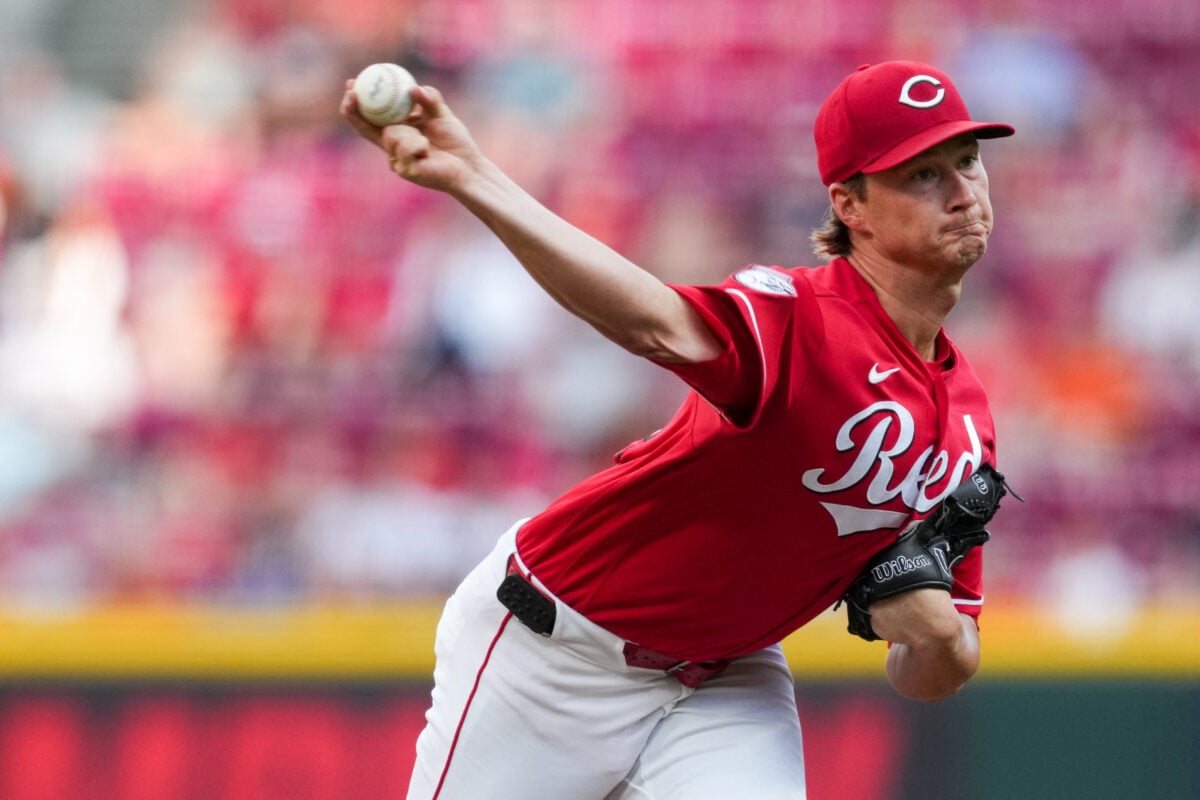 Jul 29, 2026; Cincinnati, Ohio, USA; Cincinnati Reds pitcher Brady Singer throws against the Cleveland Guardians in the first inning at Great American Ball Park. Mandatory Credit: Aaron Doster-Imagn Images