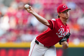 Jul 29, 2026; Cincinnati, Ohio, USA;  Cincinnati Reds pitcher Brady Singer throws against the Cleveland Guardians in the first inning at Great American Ball Park. Mandatory Credit: Aaron Doster-Imagn Images