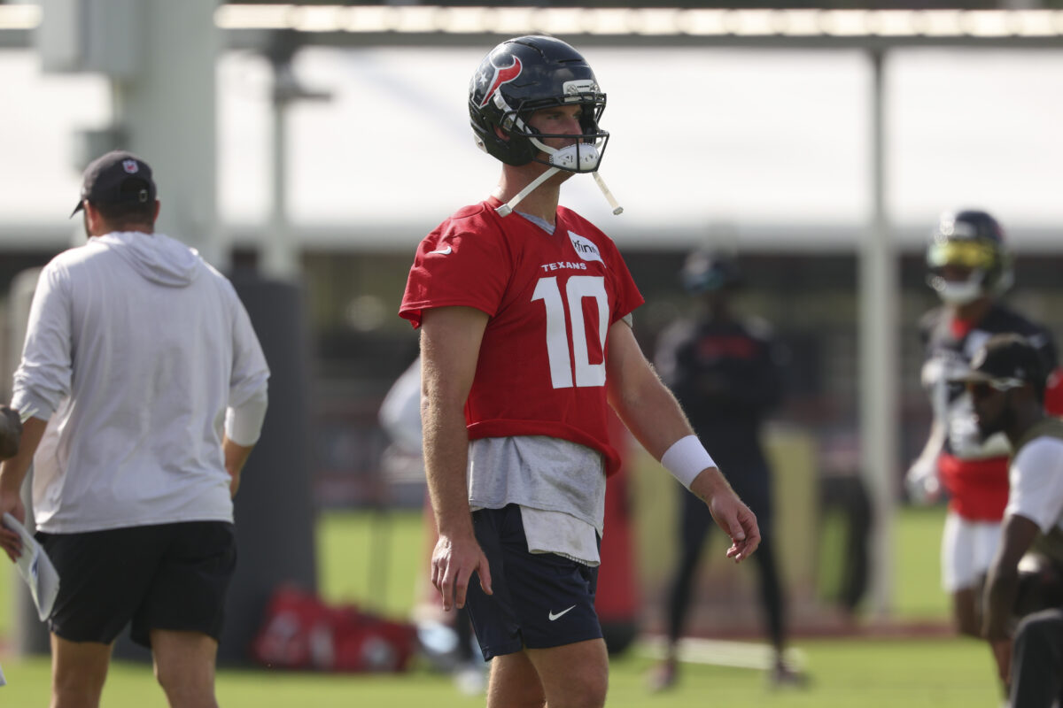 Jul 30, 2026; Houston, Texas, USA;  Houston Texans quarterback Davis Mills (10) during training camp at Houston Methodist Training Center. Mandatory Credit: Troy Taormina-Imagn Images
