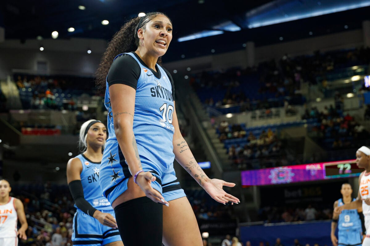 Jul 30, 2026; Chicago, Illinois, USA; Chicago Sky center Kamilla Cardoso (10) reacts during the second half of a WNBA game against the Connecticut Sun at Wintrust Arena. Mandatory Credit: Kamil Krzaczynski-Imagn Images