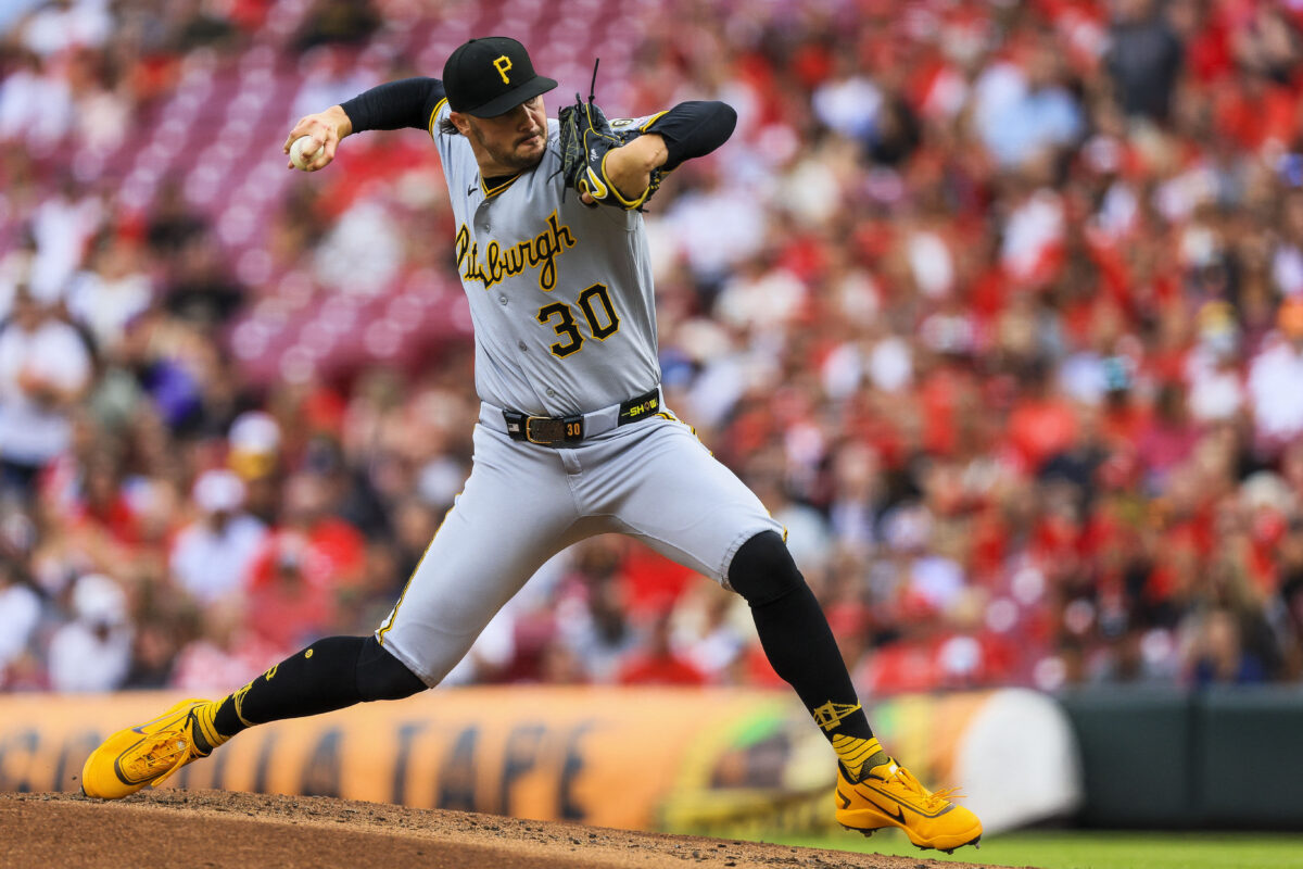 Jul 31, 2026; Cincinnati, Ohio, USA; Pittsburgh Pirates starting pitcher Paul Skenes (30) pitches against the Cincinnati Reds in the first inning at Great American Ball Park. Mandatory Credit: Katie Stratman-Imagn Images