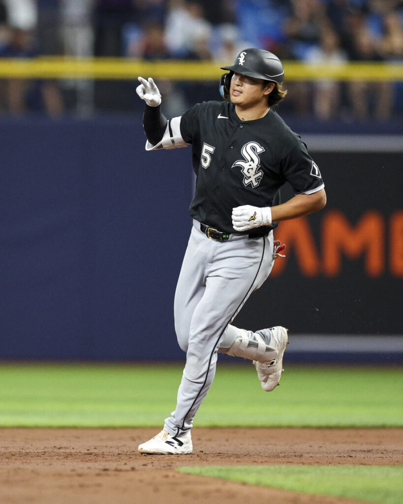Jul 31, 2026; St. Petersburg, Florida, USA; Chicago White Sox first baseman Munetaka Murakami (5) runs the bases after hitting a two-run home run against the Tampa Bay Rays in the third inning at Tropicana Field. Mandatory Credit: Nathan Ray Seebeck-Imagn Images