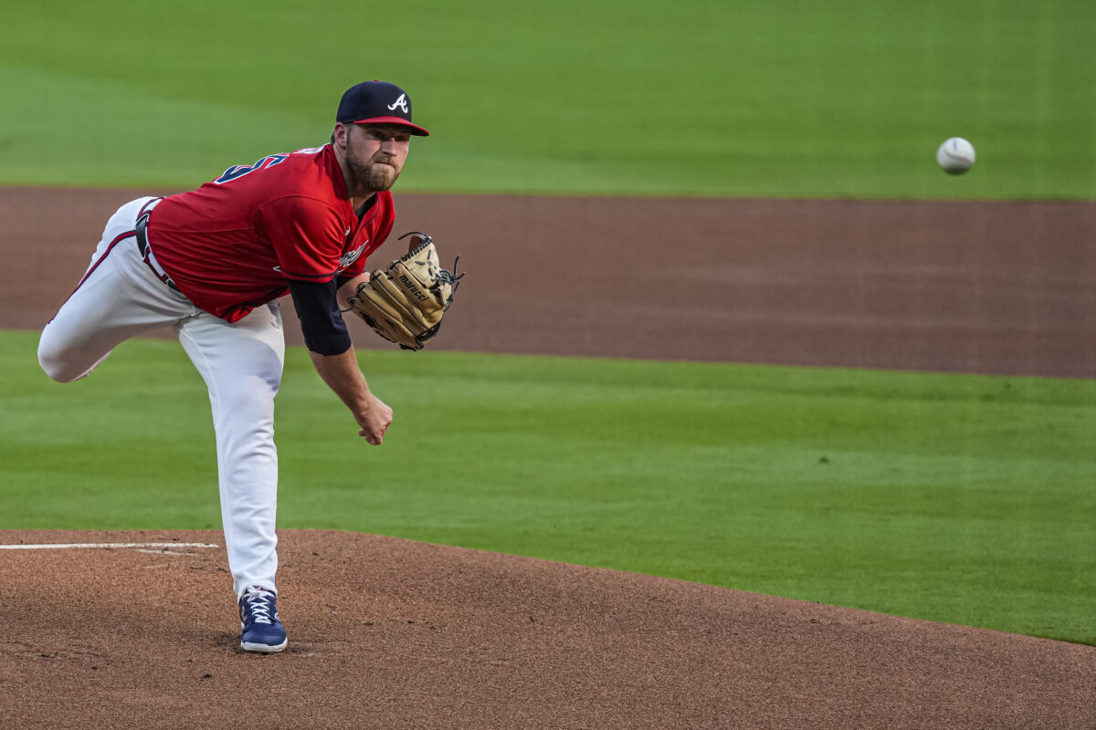Jul 31, 2026; Cumberland, Georgia, USA; Atlanta Braves pitcher Bryce Elder (55) pitches against the Washington Nationals during the first inning at Truist Park. Mandatory Credit: Dale Zanine-Imagn Images