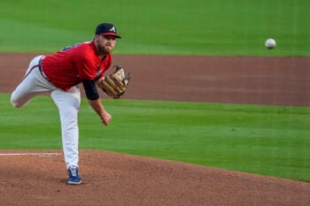 Jul 31, 2026; Cumberland, Georgia, USA; Atlanta Braves pitcher Bryce Elder (55) pitches against the Washington Nationals during the first inning at Truist Park. Mandatory Credit: Dale Zanine-Imagn Images