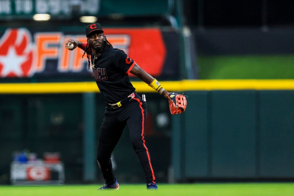 Jul 31, 2026; Cincinnati, Ohio, USA; Cincinnati Reds shortstop Elly de la Cruz (44) throws to first to get Pittsburgh Pirates outfielder Bryan Reynolds (not pictured) out in the eighth inning at Great American Ball Park. Mandatory Credit: Katie Stratman-Imagn Images