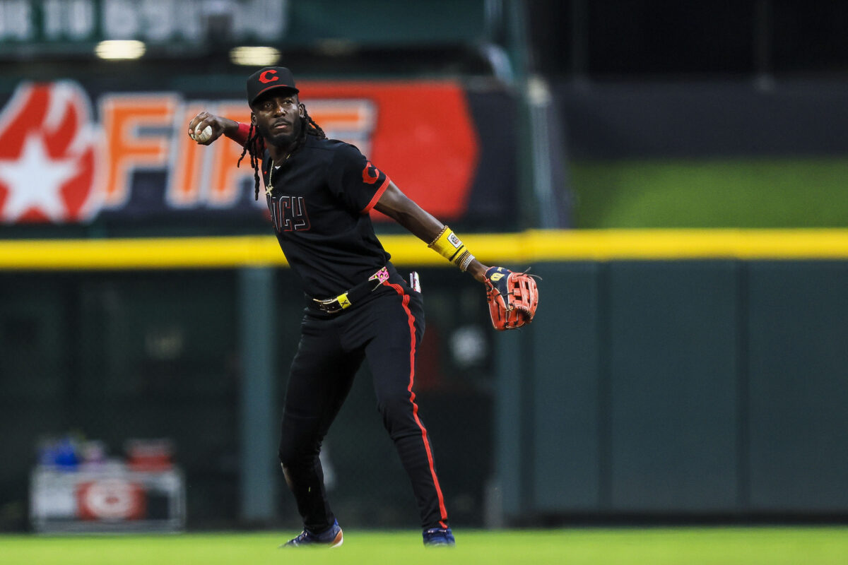 Jul 31, 2026; Cincinnati, Ohio, USA; Cincinnati Reds shortstop Elly de la Cruz (44) throws to first to get Pittsburgh Pirates outfielder Bryan Reynolds (not pictured) out in the eighth inning at Great American Ball Park. Mandatory Credit: Katie Stratman-Imagn Images