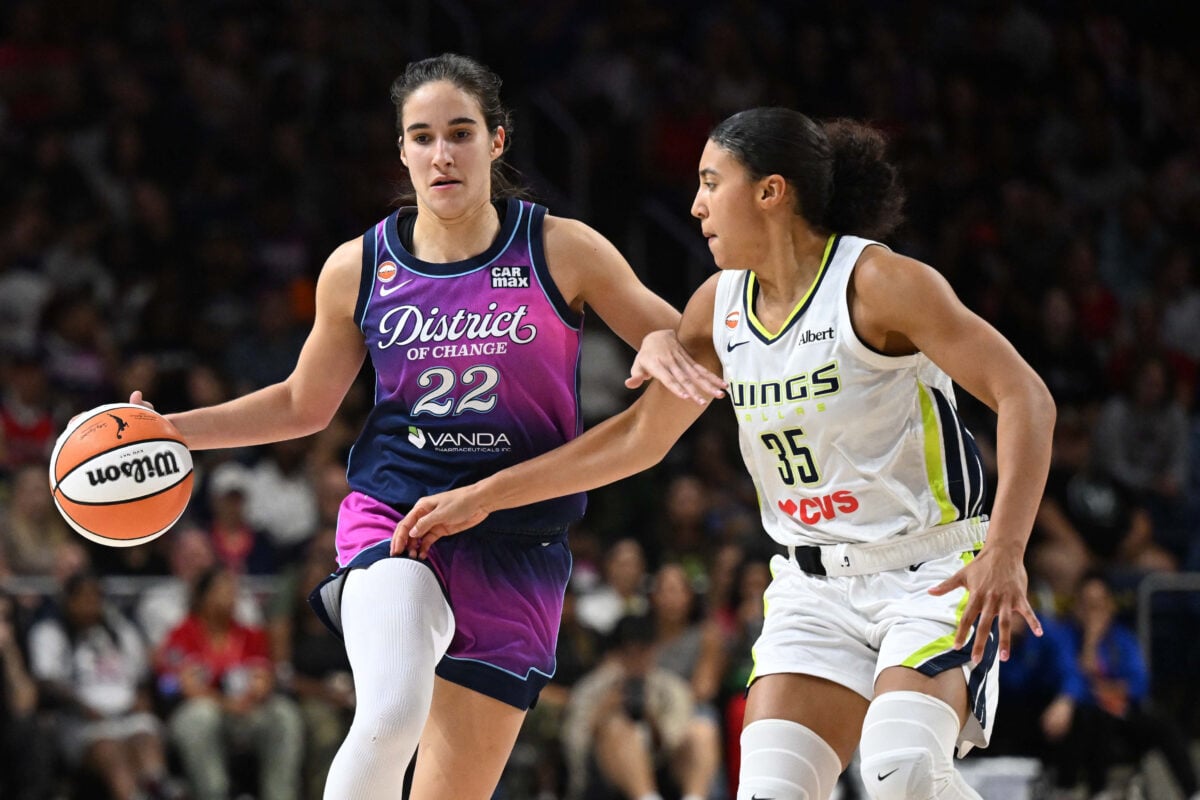 Jul 31, 2026; Washington, District of Columbia, USA; Washington Mystics guard Sonia Citron (22) drives as Dallas Wings guard Azzi Fudd defends during the second half at CareFirst Arena. Mandatory Credit: Brad Mills-Imagn Images