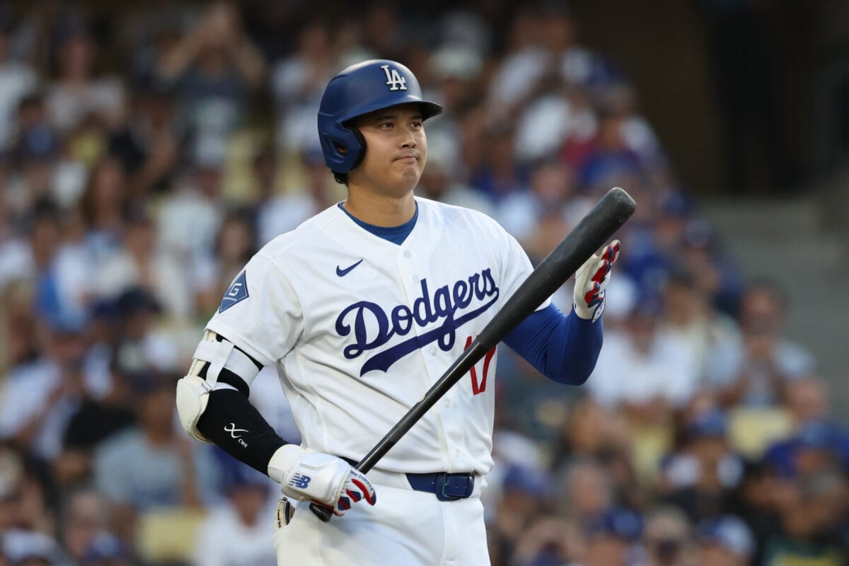 Jul 31, 2026; Los Angeles, California, USA; Los Angeles Dodgers designated hitter Shohei Ohtani (17) looks on before batting against Boston Red Sox starting pitcher Ranger Suarez (not pictured) during the first inning at Dodger Stadium. Mandatory Credit: Kiyoshi Mio-Imagn Images