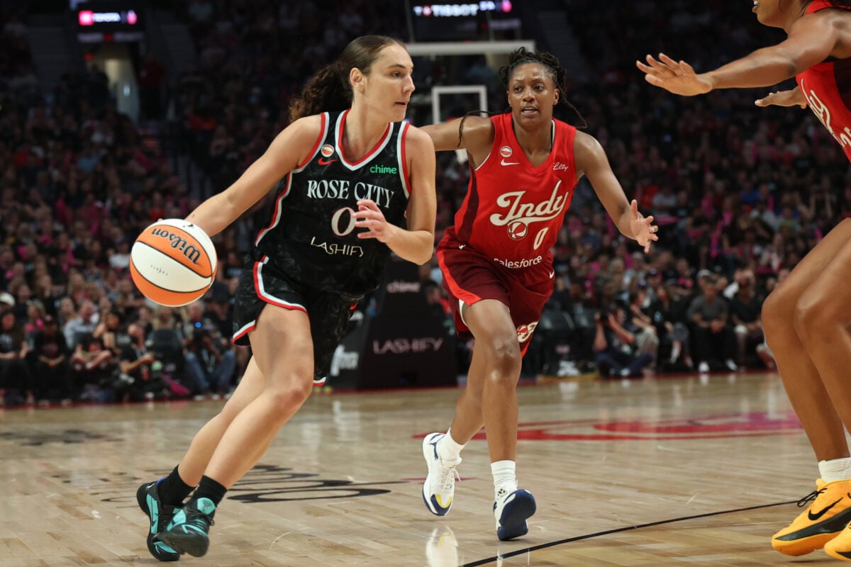 Jul 31, 2026; Portland, Oregon, USA;  Portland Fire guard Carla Leite (0) drives to the basket against Indiana Fever guard Kelsey Mitchell (0) during the second half at Moda Center. Mandatory Credit: Jaime Valdez-Imagn Images
