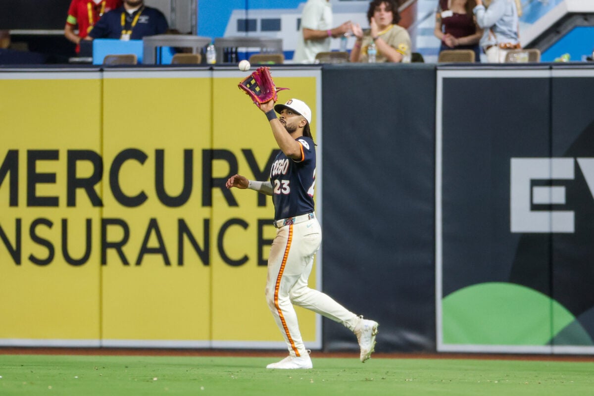 Jul 31, 2026; San Diego, California, USA; San Diego Padres right fielder Fernando Tatis Jr. (23) catches a fly ball for an out during the ninth inning against the San Francisco Giants at Petco Park. Mandatory Credit: David Frerker-Imagn Images