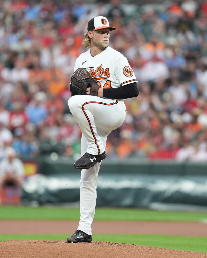 Aug 1, 2026; Baltimore, Maryland, USA; Baltimore Orioles pitcher Shane Baz (34) throws a pitch against the Philadelphia Phillies during the first inning at Oriole Park at Camden Yards. Mandatory Credit: Gregory Fisher-Imagn Images
