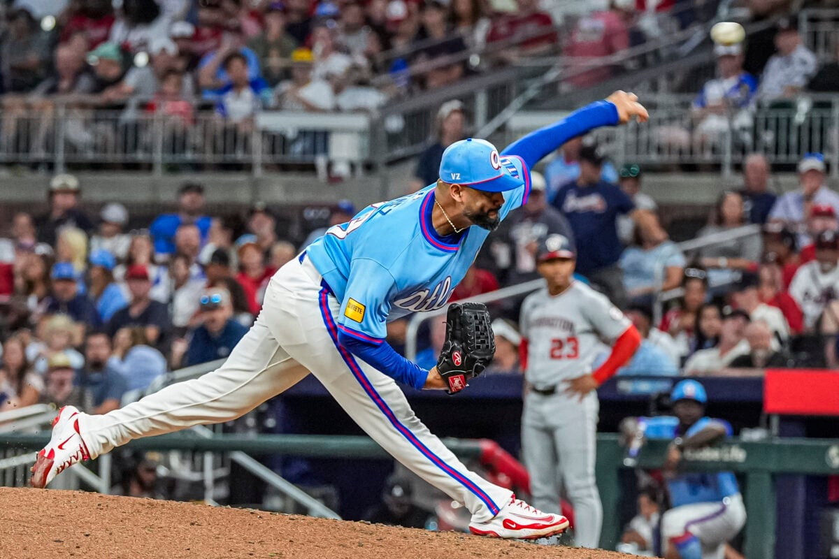 Aug 1, 2026; Cumberland, Georgia, USA; Atlanta Braves pitcher Martín Perez (33) pitches against the Washington Nationals during the seventh inning at Truist Park. Mandatory Credit: Dale Zanine-Imagn Images