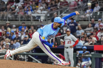 Aug 1, 2026; Cumberland, Georgia, USA; Atlanta Braves pitcher Martín Perez (33) pitches against the Washington Nationals during the seventh inning at Truist Park. Mandatory Credit: Dale Zanine-Imagn Images