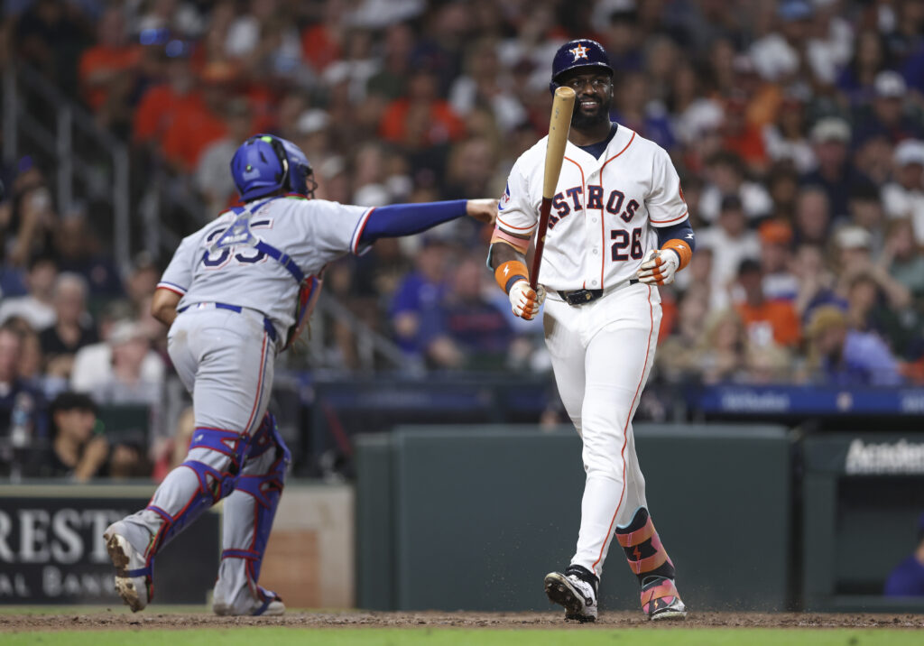Aug 1, 2026; Houston, Texas, USA; Houston Astros center fielder Taylor Trammell (26) reacts after striking out during the seventh inning against the Texas Rangers at Daikin Park. Mandatory Credit: Troy Taormina-Imagn Images